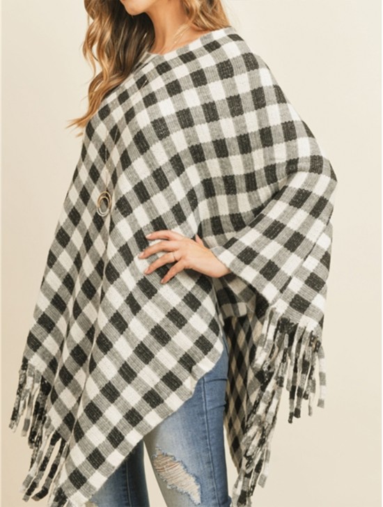 Plaid Patterned Poncho W/ fringes 